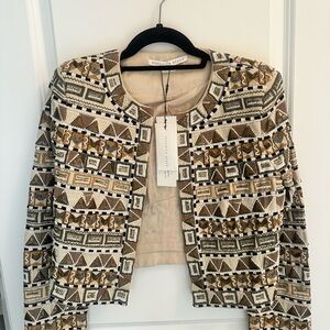 Veronica Beard Beige, Tan & White Embellished Cropped Jacket